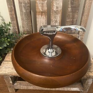 Vintage MCM Hellerware Wood Bowl w/Chrome Nutcracker 9" Made in Taiwan